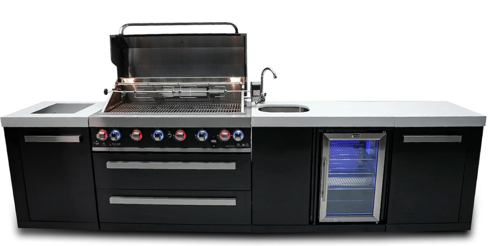 Mont Alpi 805 Black Stainless Steel Island with Beverage Center 6-Burner Grill  2 Infrared Burners Sink Fridge