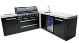 Mont Alpi 805 Black Stainless Steel Island with Beverage Center and 90 Degree Corner 6-Burner Grill 2 Infrared Burners Sink, Fridge
